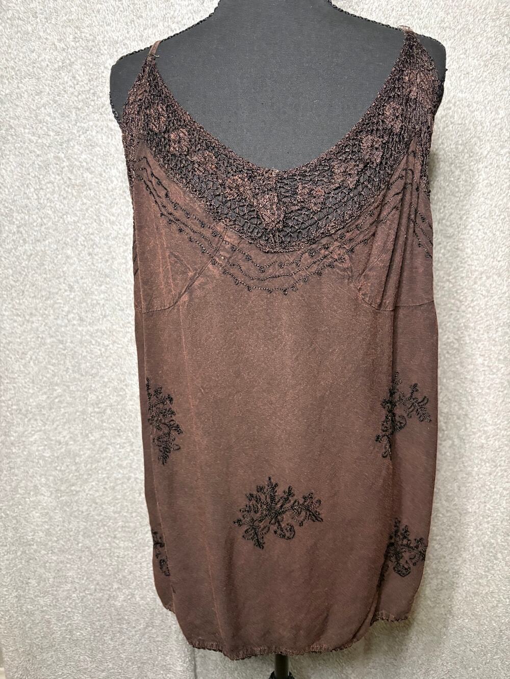 Kaaku Brown Crochet Embroidered Cami Top L Boho Y2K Tie Back